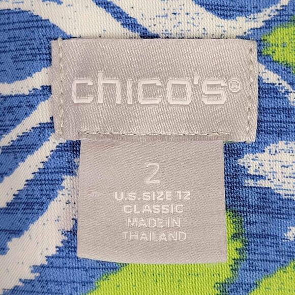 Chicos Shirt Women Size 2 US L Large Blue Green Ikat Cotton Stretch No Iron - Picture 6 of 9